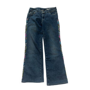 Vintage A.M.I. Blue Flare Jeans Stretch Size 6P Y2k Floral Daisy Embroidery